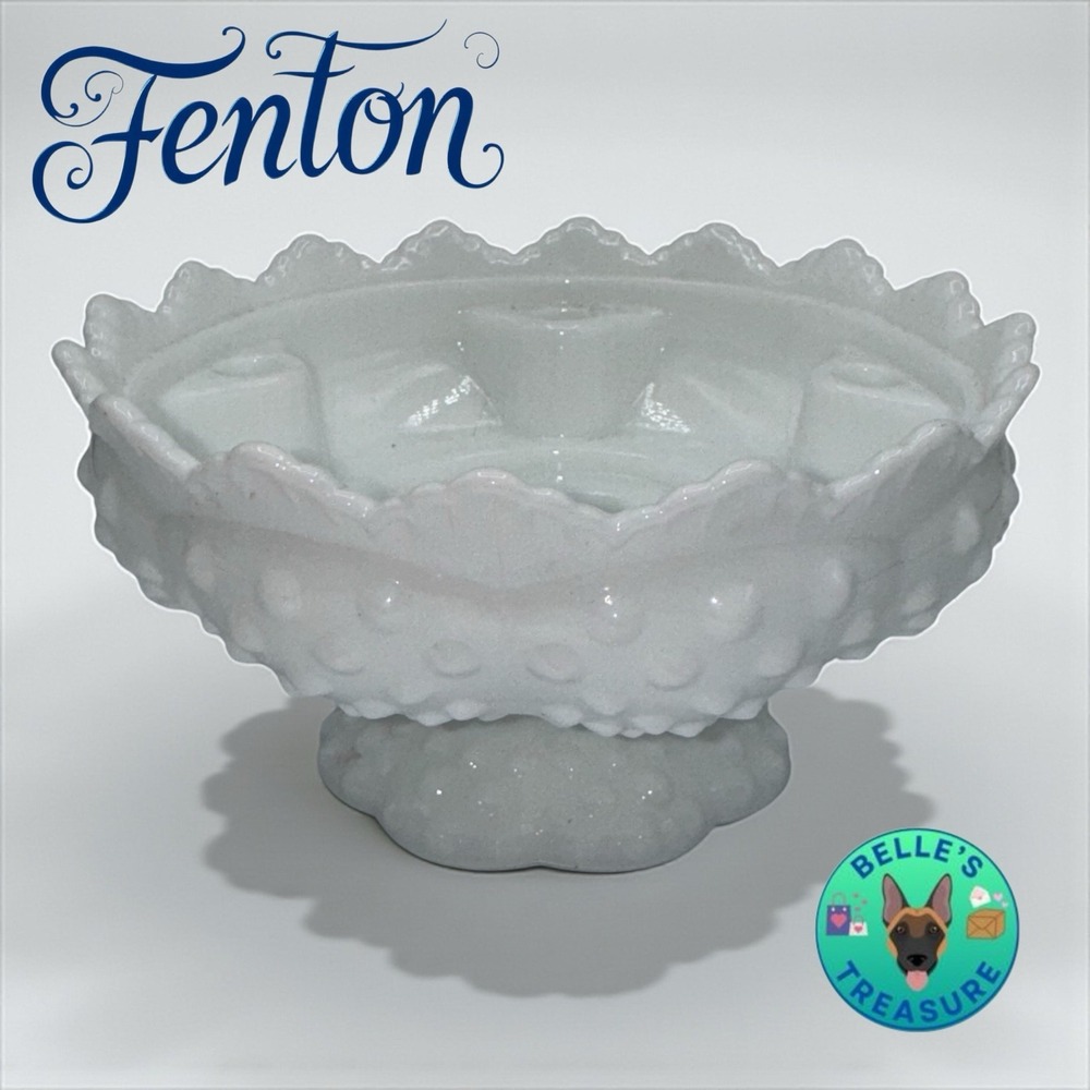 VTG Fenton Candle Holder Bowl Hobnail White Milk Glass Footed Mid-Century Decor‎
